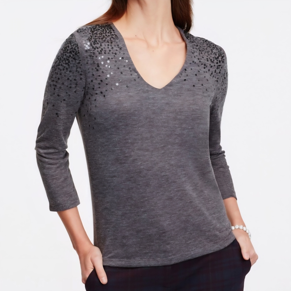 Ann Taylor Petite Gray V-Neck Sequin Shoulder Top